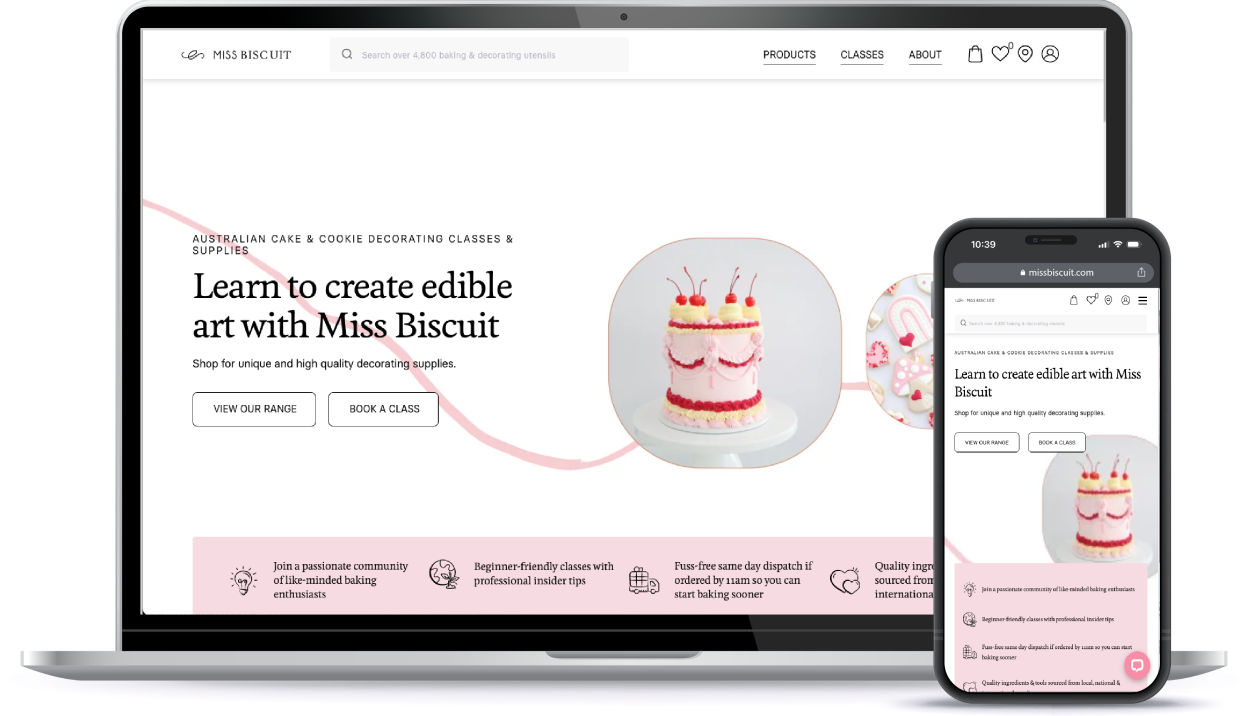 Miss Biscuit website for edible art classes, a WP Engine WooCommerce customer