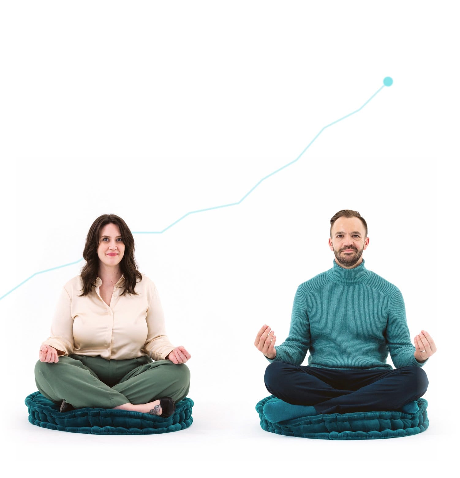 Two calm people meditating on pillows.