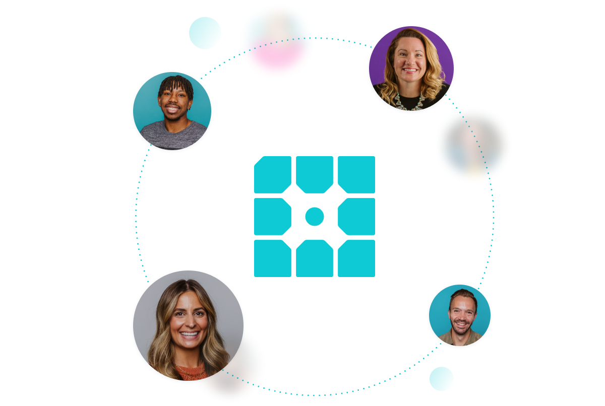 Graphic of WP Engine logo with photos of smiling people surrounding it