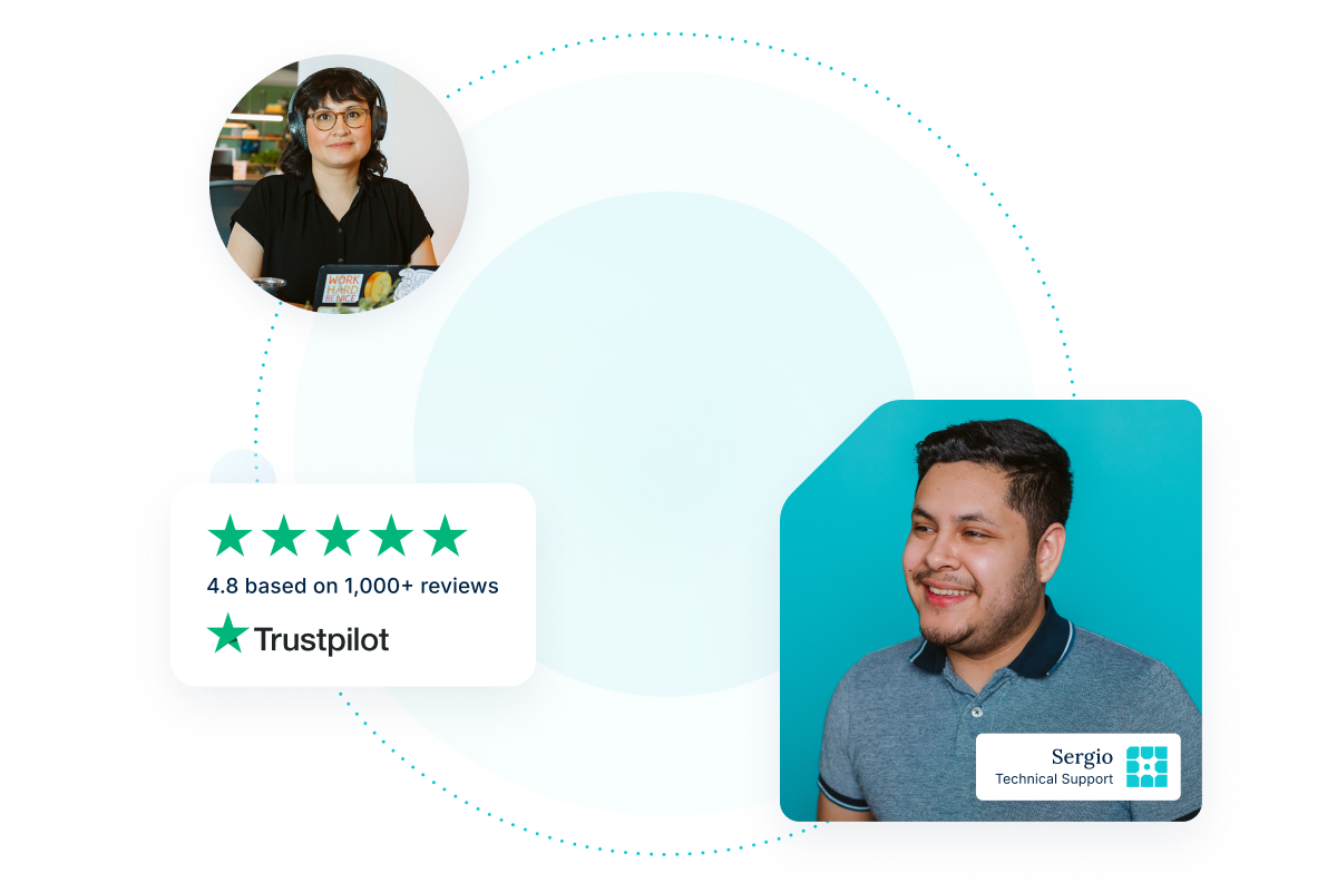 Graphic of WP Engine Support agent paired with a customer and TrustPilot Reviews
