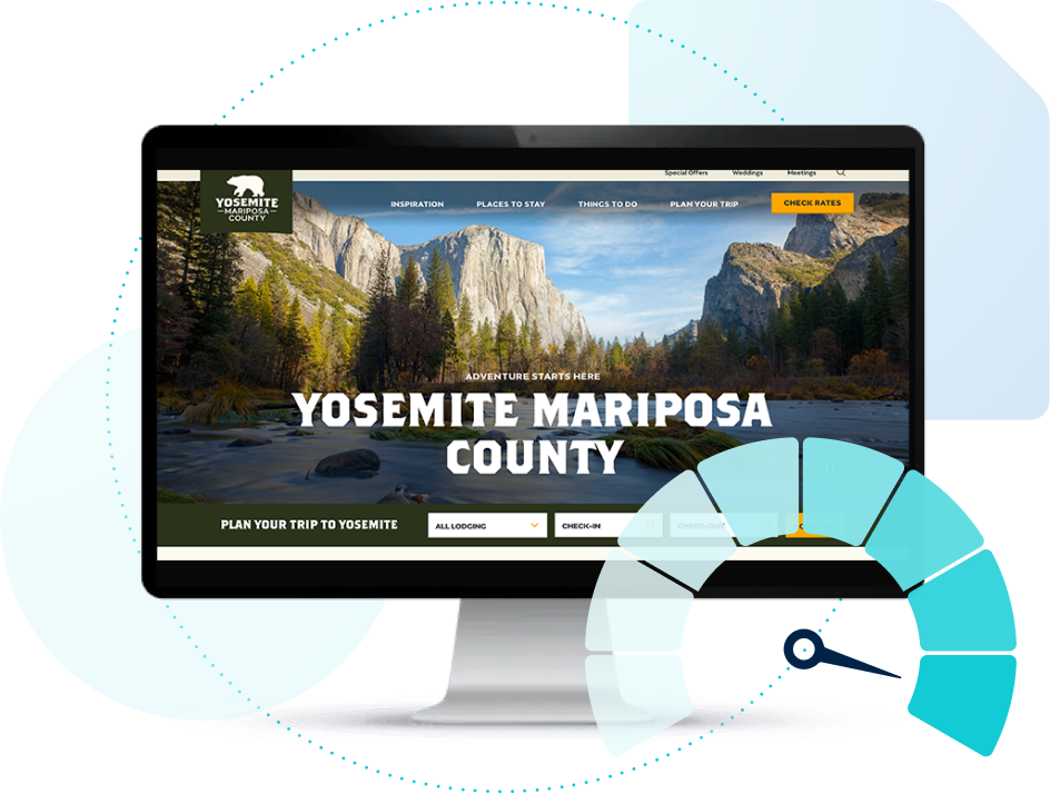 Desktop computer screen with Yosemite Mariposa County website displaying and shapes surrounding it.