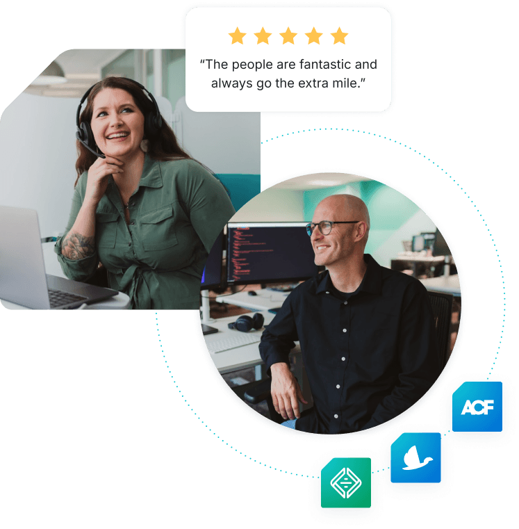 Photo of a WP Engine support representative with a 5-star customer review stating "The people are fantastic and always go the extra mile.” and a photo of a man standing in front of a desktop with screen showing code and WP Engine tool logos surrounding him