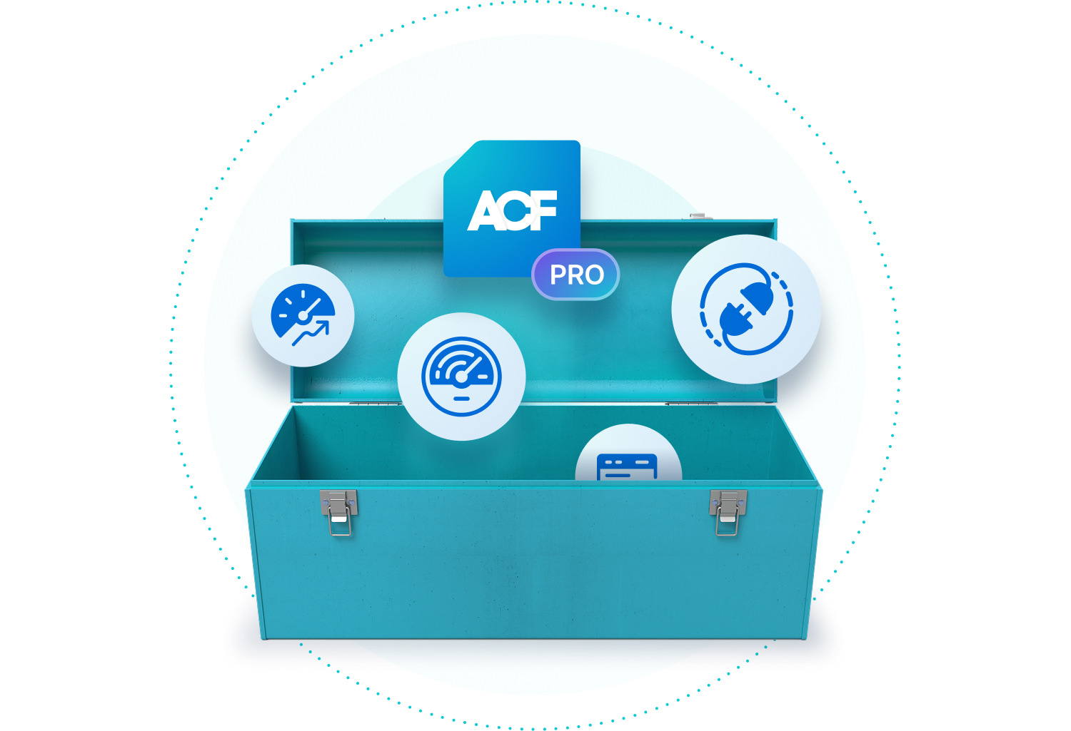 Teal toolbox with icons representing WP Engine's tools and plugins hovering over and inside the box