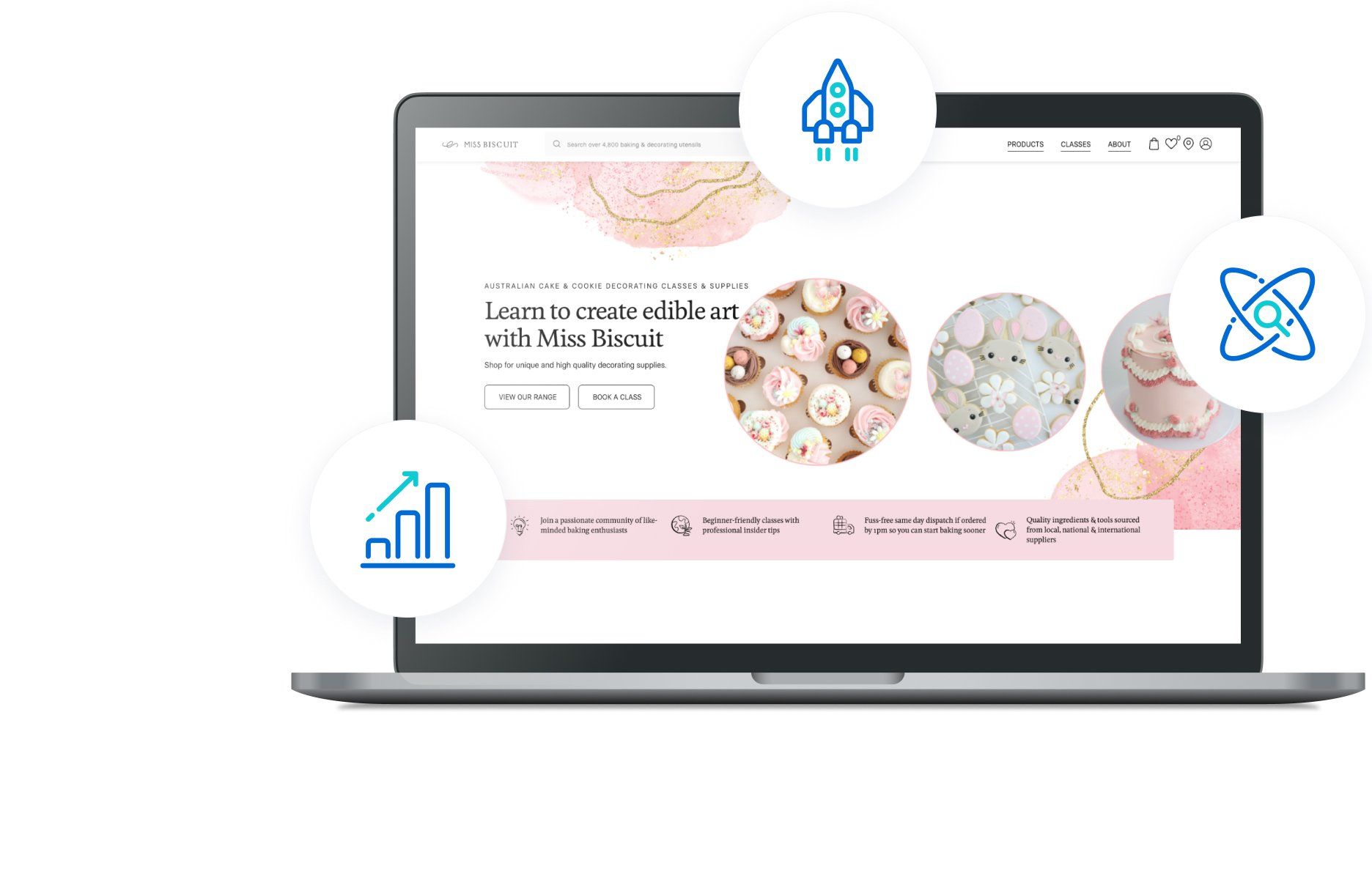 Laptop displaying a small business website with icons surrounding it