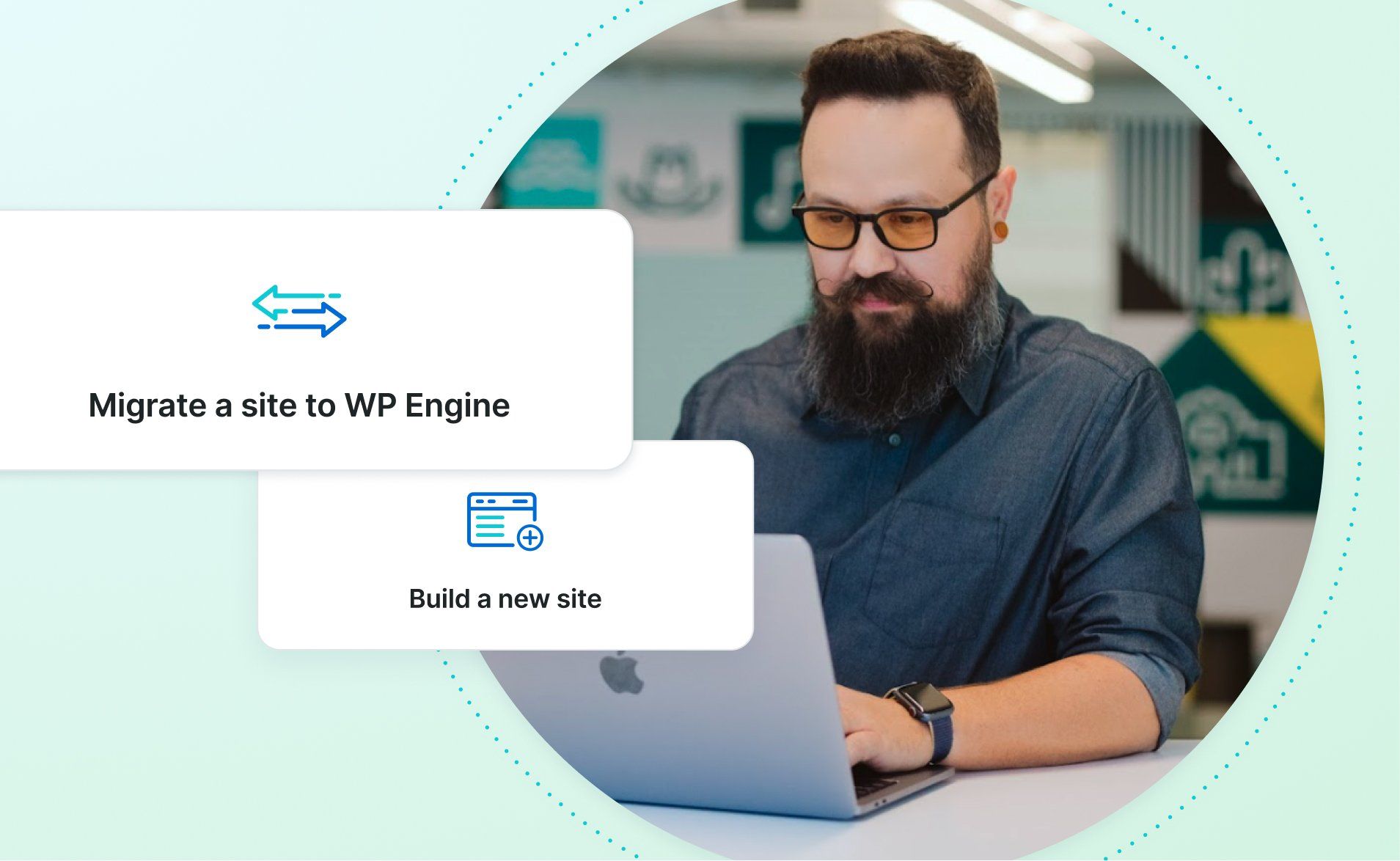 Man at an agency working on a laptop with icons of WP Engine migration hovering