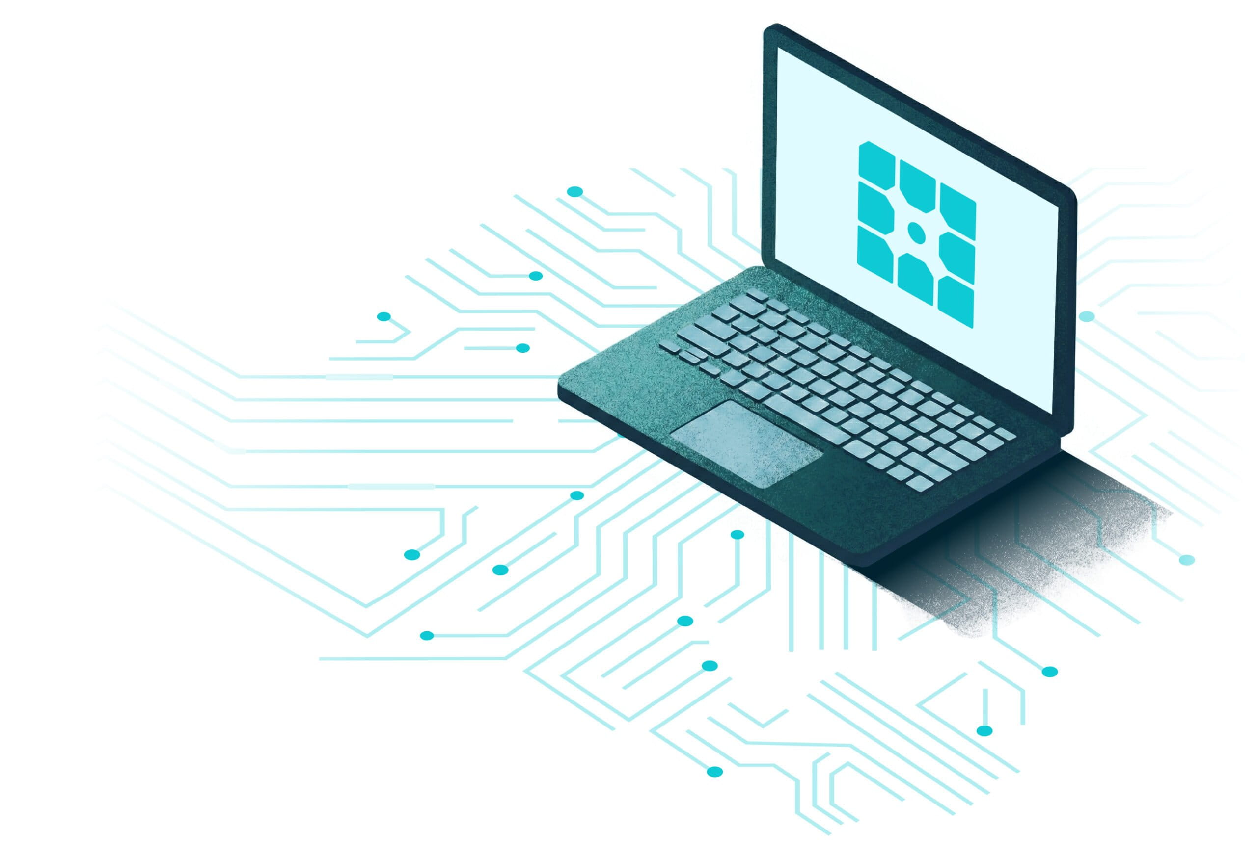 Illustration of a laptop with the WP Engined logomark