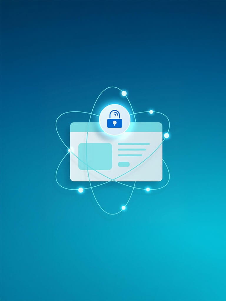 Illustrated web browser with a lock icon and orbits surrounding it