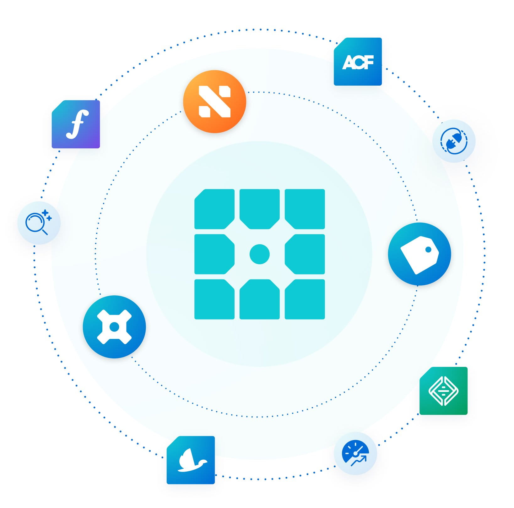 The WP Engine logo mark is orbited by various WP Engine tools and platforms
