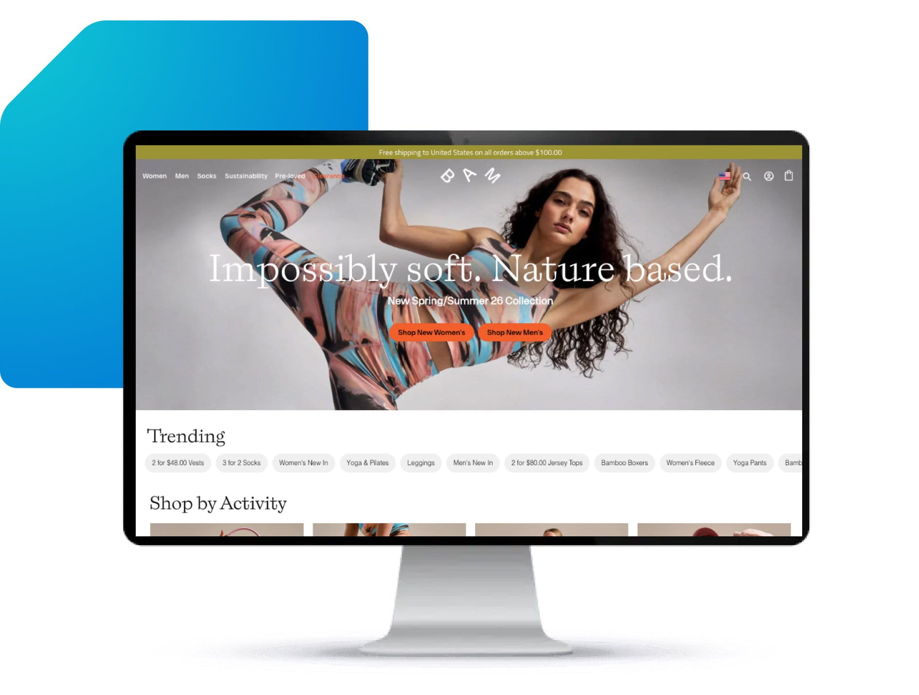 Computer monitor displays the Bamboo Clothing home page