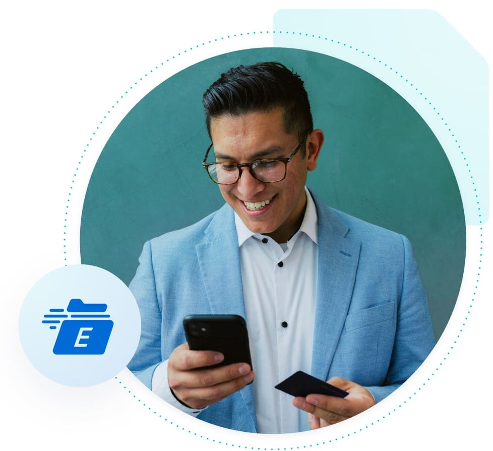 Man on phone delighted at the speed of his online store