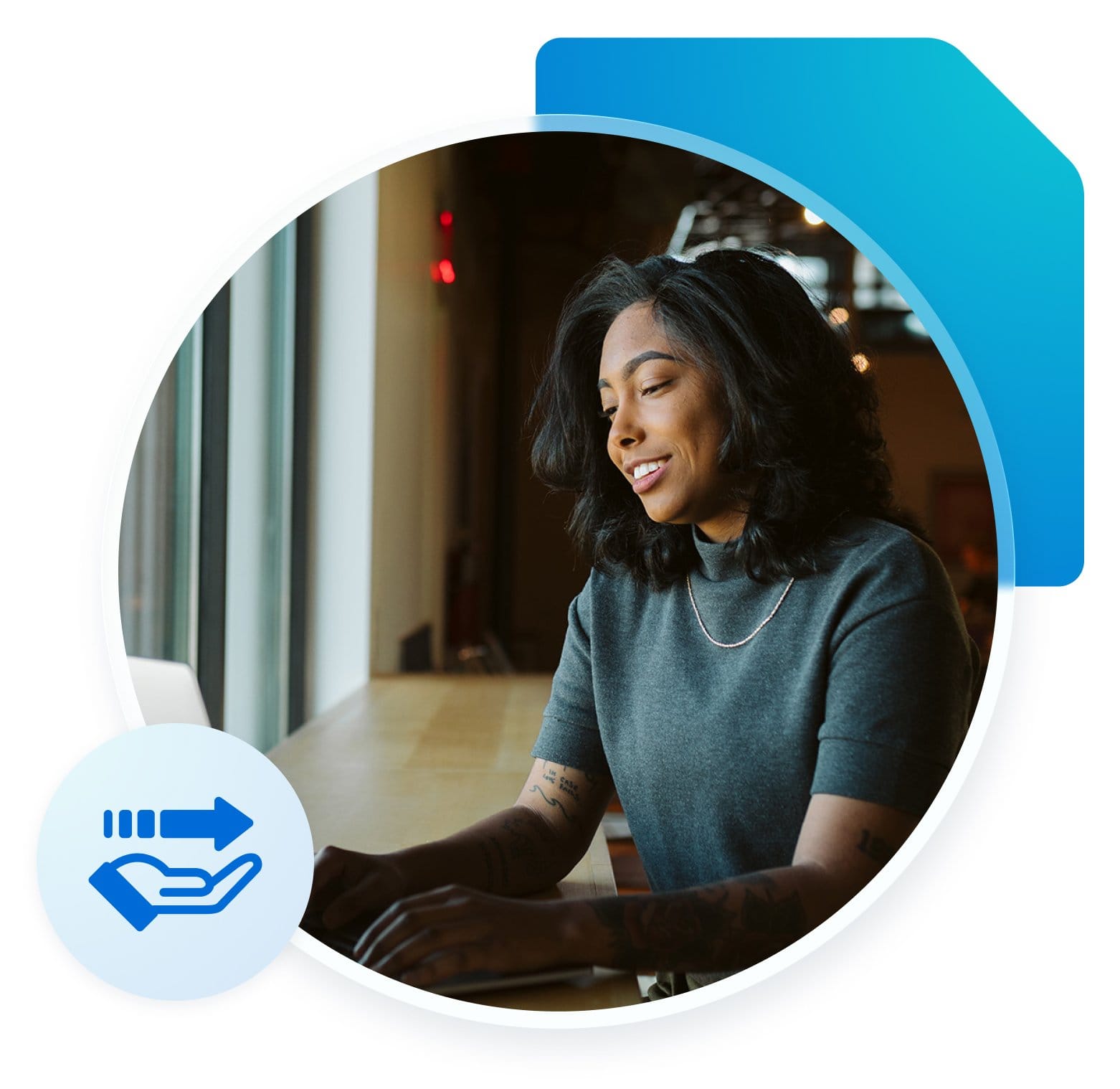 Graphic with an image of a customer with a smile of relief as they have their site migrated with our Managed Migrations tool and specialists