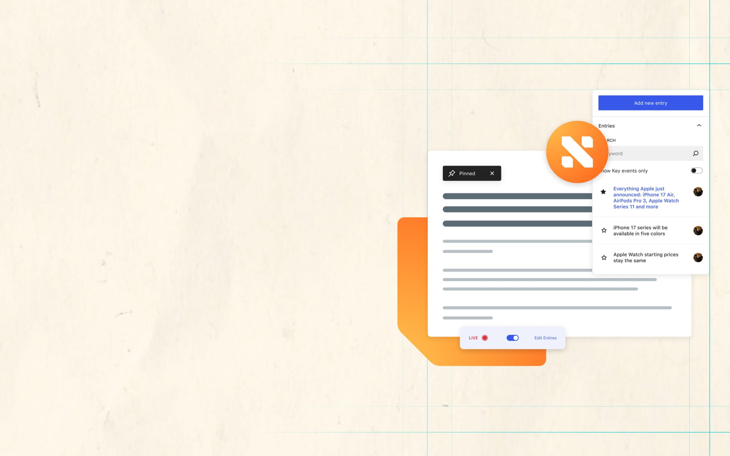 Illustration with textured beige background and elements of the Newsroom Platform logo and related user product UI elements overlapping