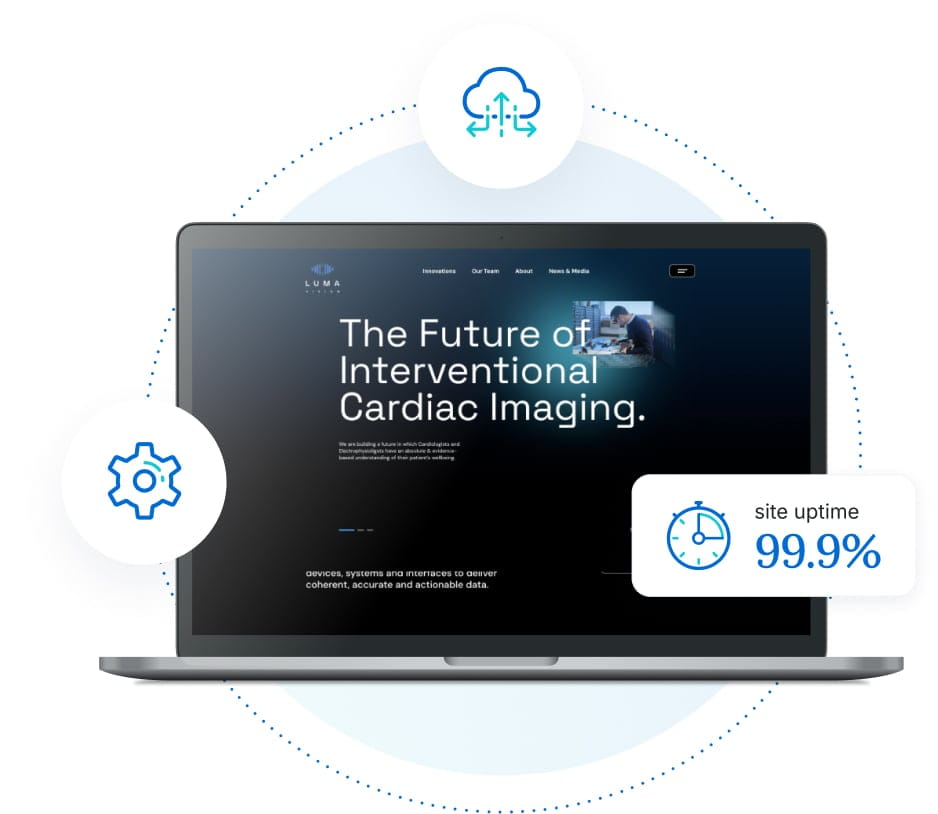 A screenshot of the LUMA website is surrounded by various WP Engine tools