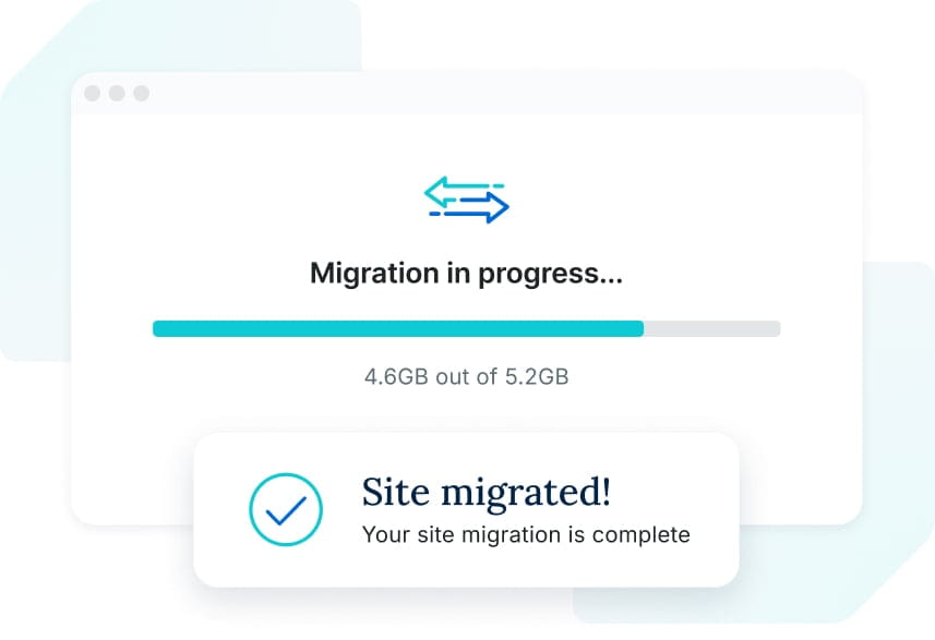 Graphic depicting the UI elements announcing a successful site migration