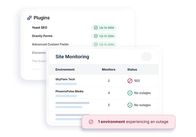 Dashboard shows all plugins are up to date and that one site environment is experiencing an outage.