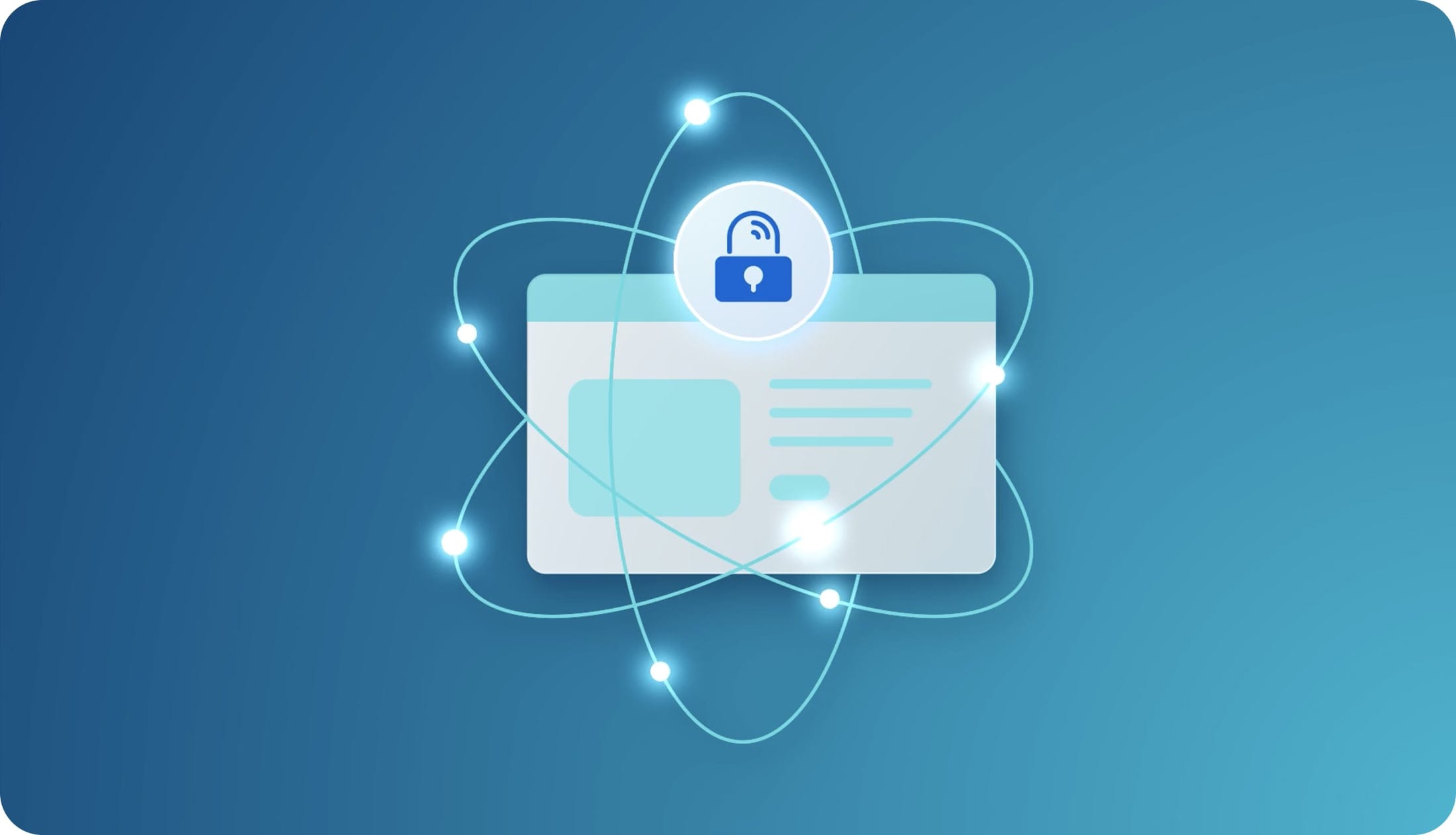 Illustration of web browser with Global Edge Security icon above it and orbits surrounding
