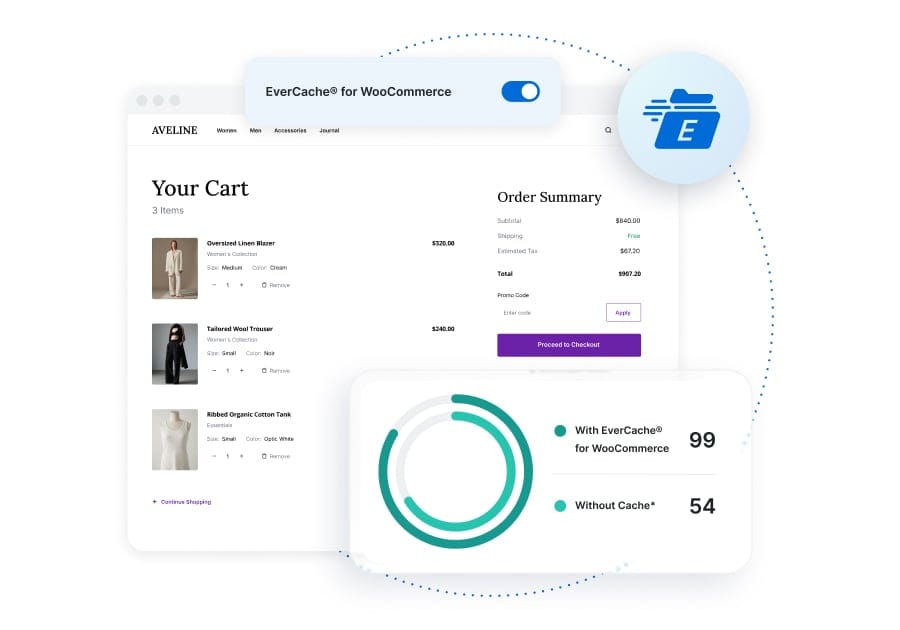 A screenshot of an online store's cart using Evercache to improve page load speed.