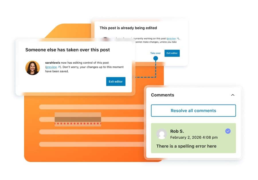 UI examples of Newsroom collaborative tools like commenting and active publishing