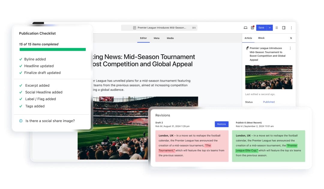 Newsroom publishing features like publishing lists and save without publishing.