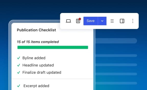 A completed publication checklist illustrates governance before publishing