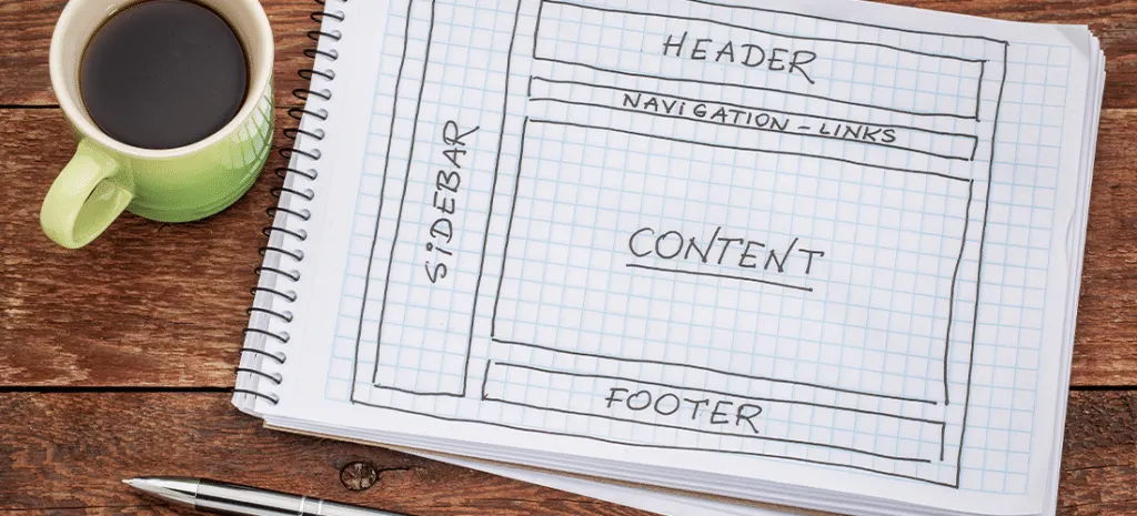 Sketchpad showing design elements of a web page including header, sidebar, and footer