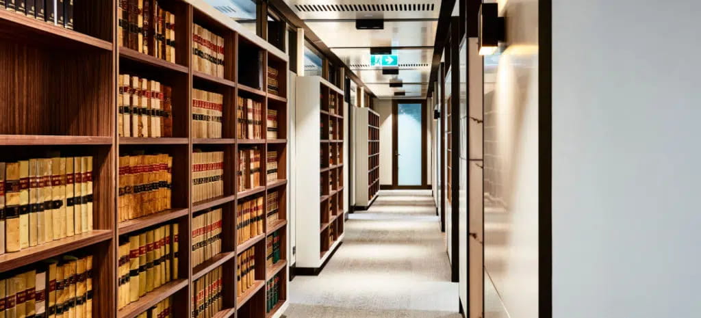 Library hallway with law books