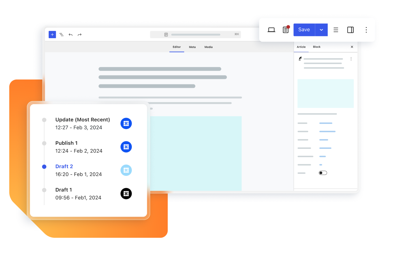 Graphic depicting WP Engine Newsroom tools integrating with an post interface