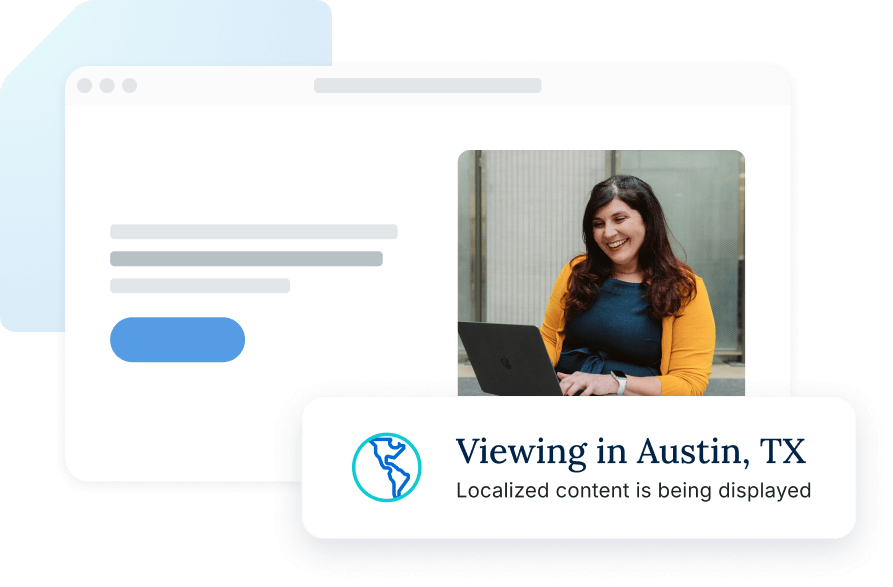 Low-fidelity website mockup showcasing localized content with woman working on laptop happy