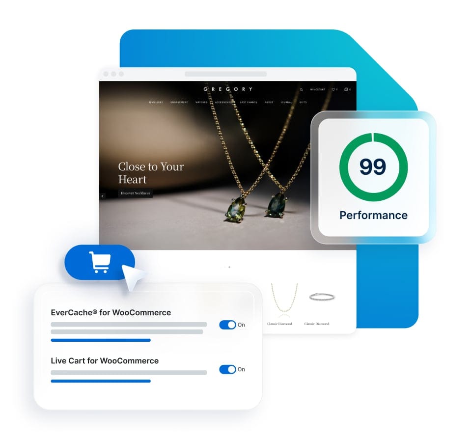 An Ecommerce website is shown activating different WP Engine tools to increase performance