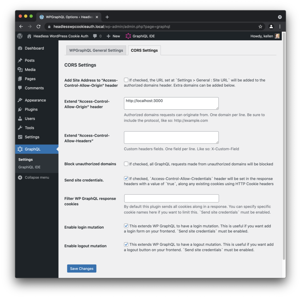 Screenshot of CORS Settings page