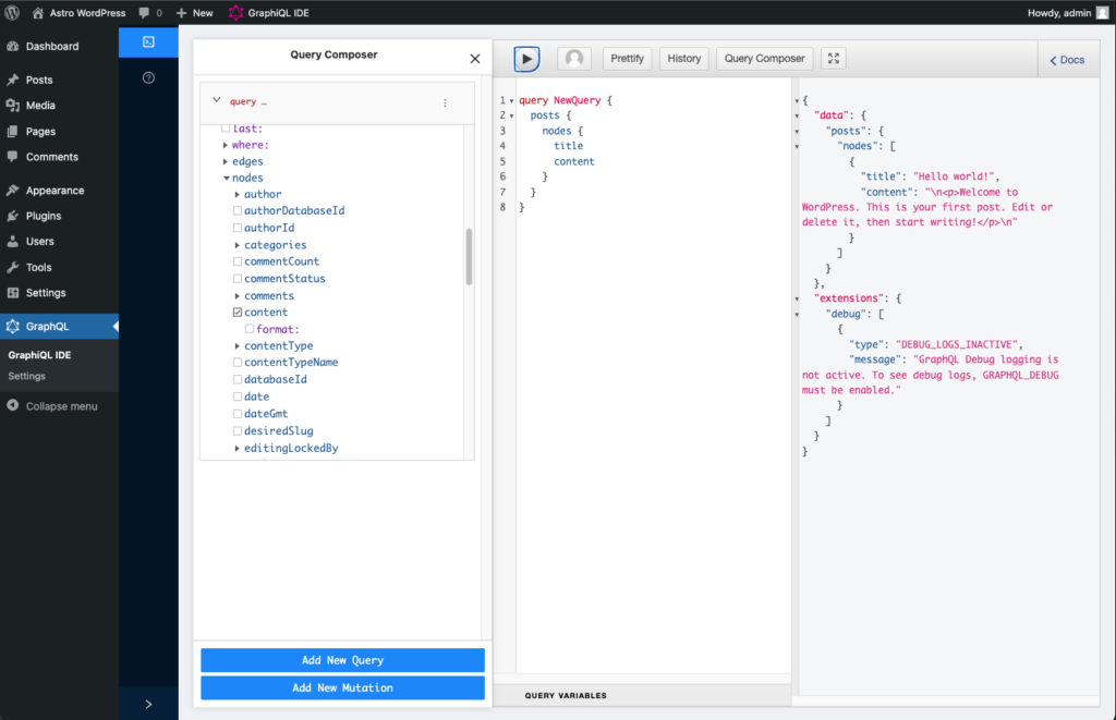 A screenshot of the GraphiQL IDE interface