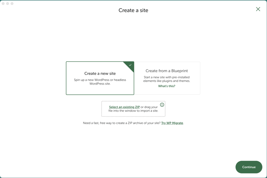 Local 'Create a site' screen