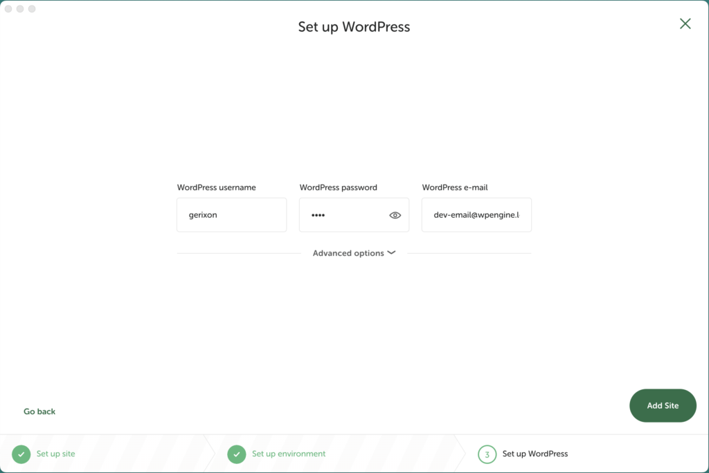 Local 'Set up WordPress' screen