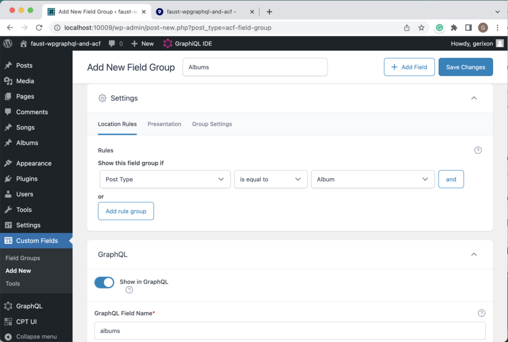WordPress screen showing how edit settings and enable GraphQL for the albums field group
