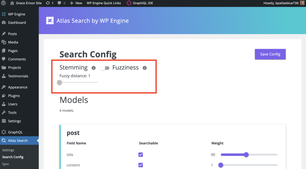 Stemming setting enabled in Search Config page of Atlas Search