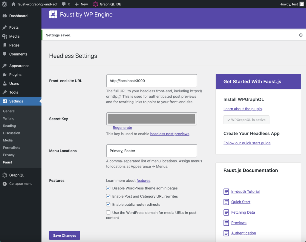 Faust's settings page showing Front-end site URL and Secret Key