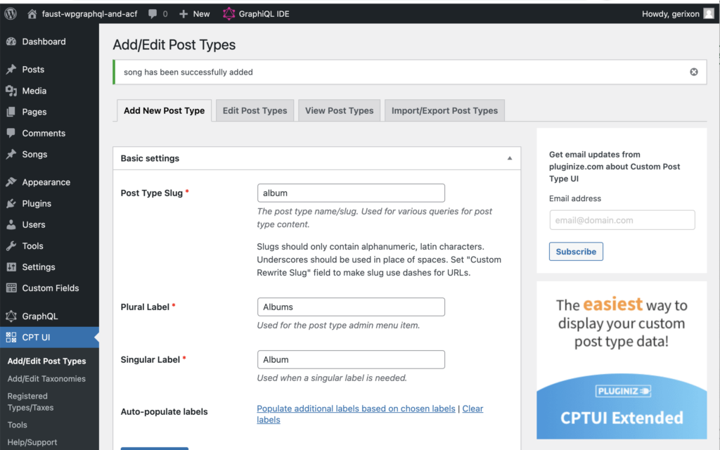 WordPress screen showing completed album post type with CPT UI