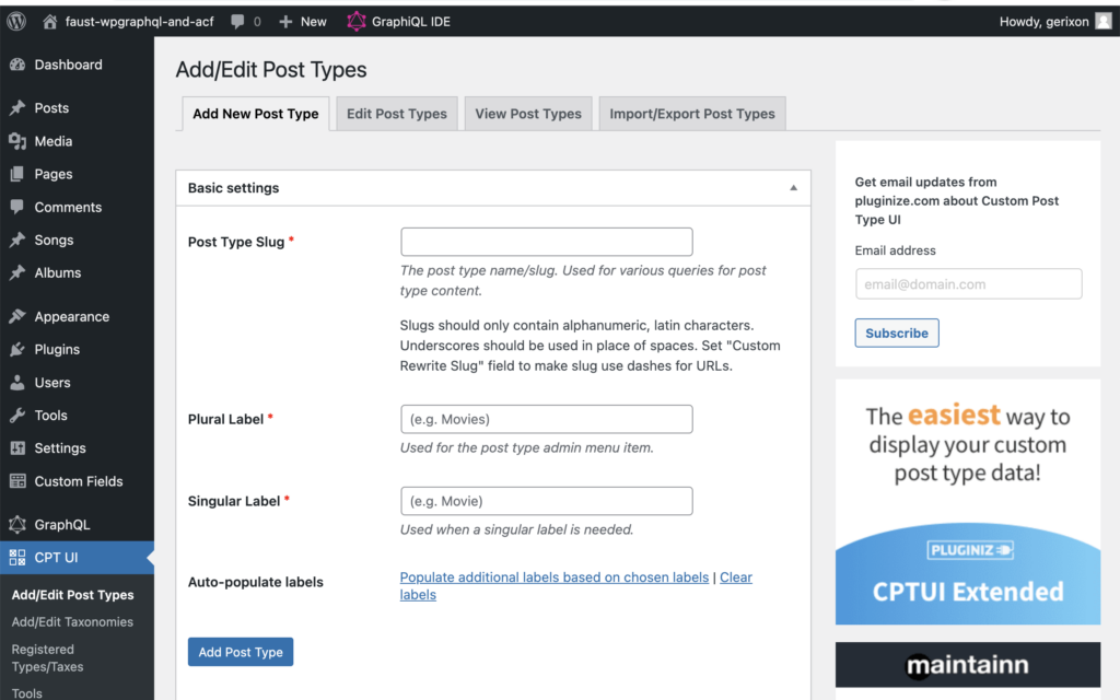 WordPress screen showing how to add post types with CPT UI