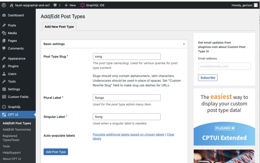 WordPress screen showing completed post types with CPT UI