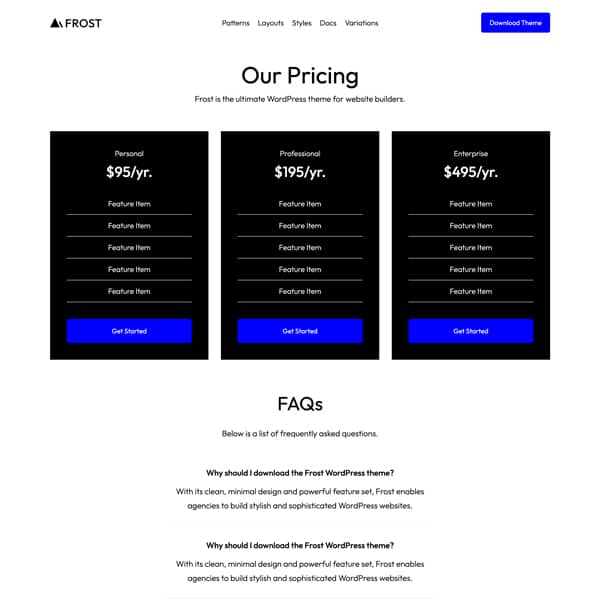 Frost Theme - Pricing Page Layout