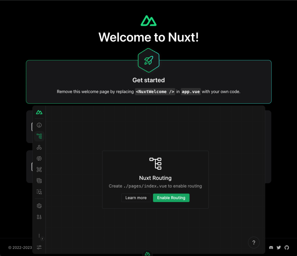 A screenshot of the routing menu on the Nuxt starter screen