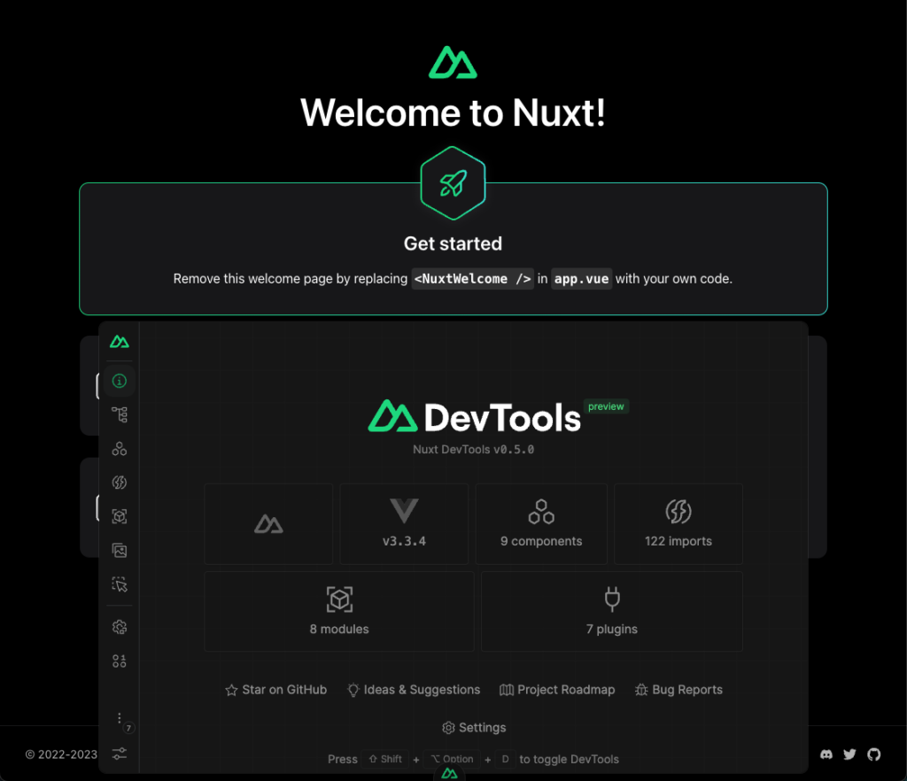 A screenshot of the Nuxt DevTools open on the starter screen page