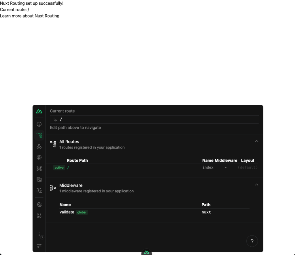 A screen shot of the index route in Nuxt after enabling routing