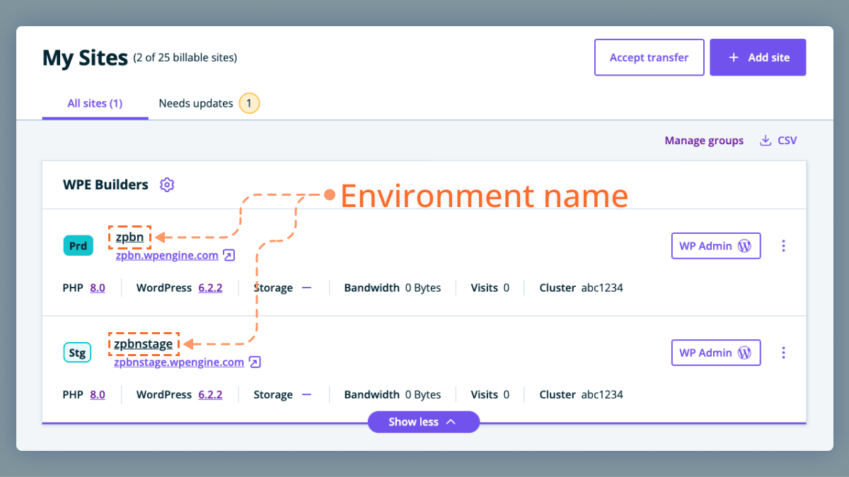 Screenshot of the WP Engine Portal My Sites area with environment name highlighted