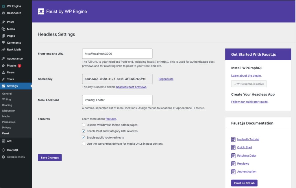 The settings screen for the FaustWP plugin in WP admin