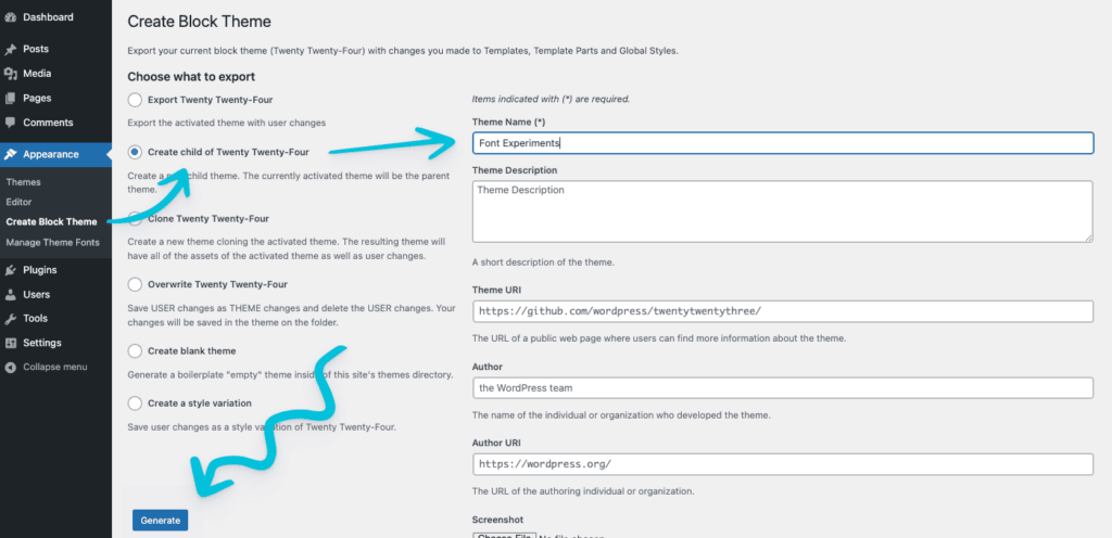Create Block Theme plugin's administration screen with Child Theme option highlighted.