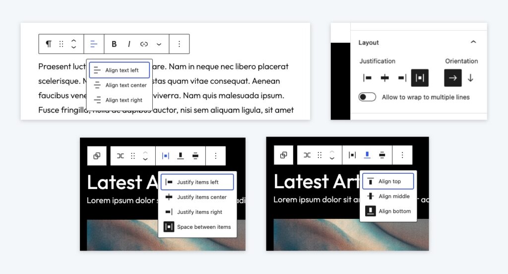 Examples of alignment and justification settings in the Editor.