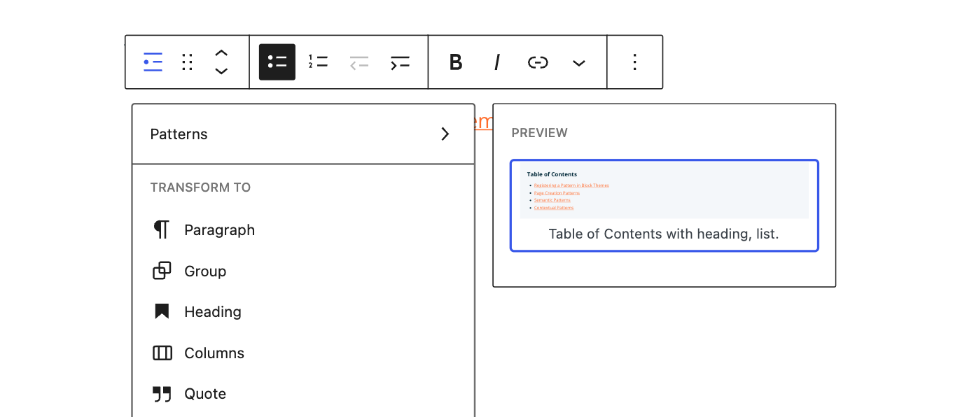 The pattern transform menu on List blocks when a contextual pattern is configured.