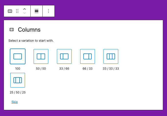 Columns block options for block variations with inserter