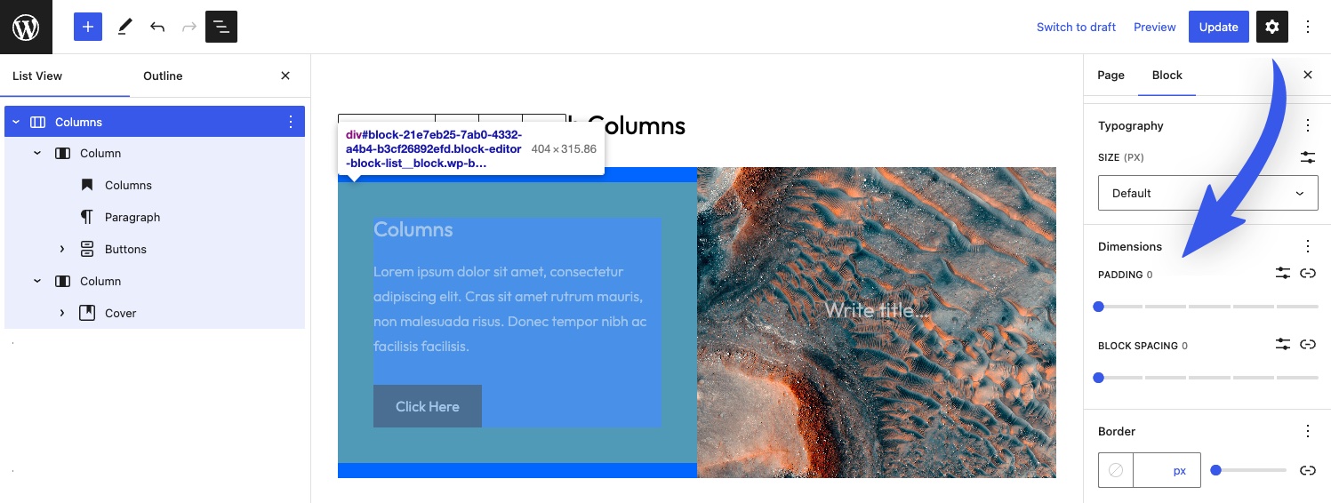 Configuring dimensions on the Columns block.